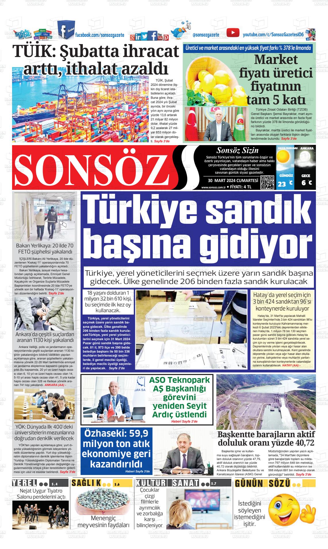 30 Mart 2024 Ankara Sonsöz Gazete Manşeti