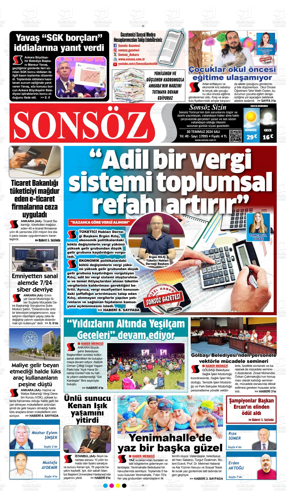 30 Temmuz 2024 Ankara Sonsöz Gazete Manşeti