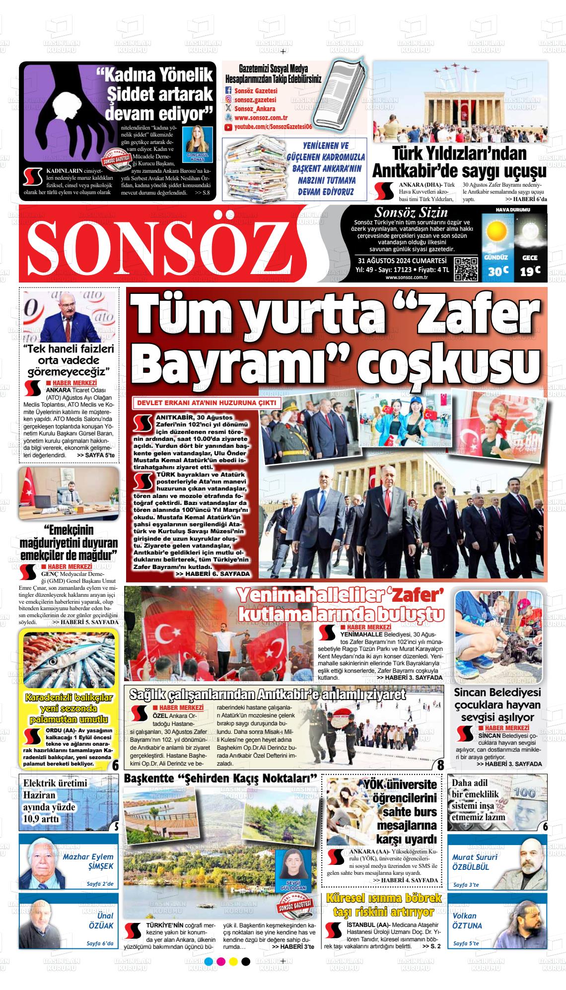 31 Ağustos 2024 Ankara Sonsöz Gazete Manşeti