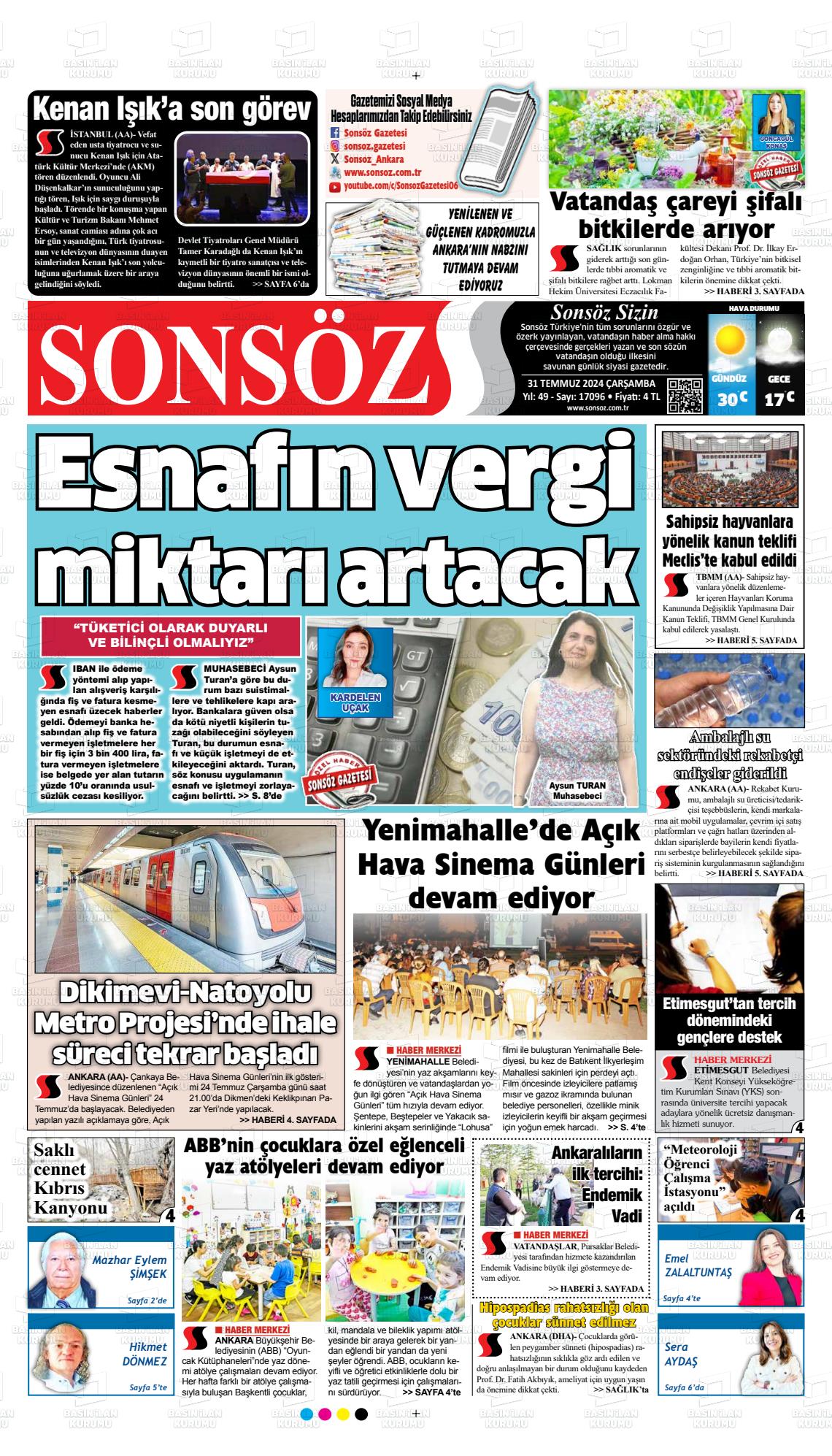 31 Temmuz 2024 Ankara Sonsöz Gazete Manşeti