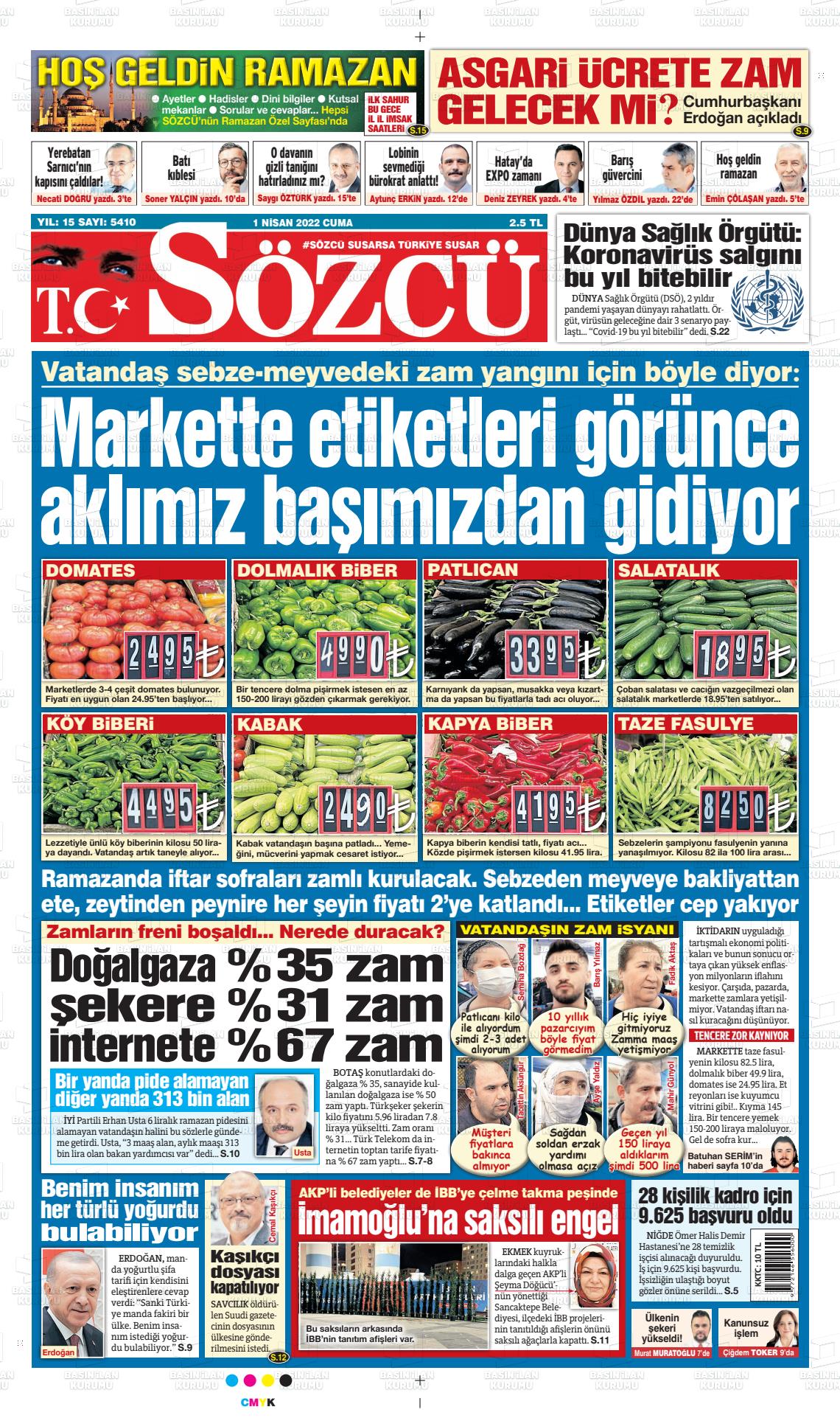 01 Nisan 2022 Sözcü Gazete Manşeti