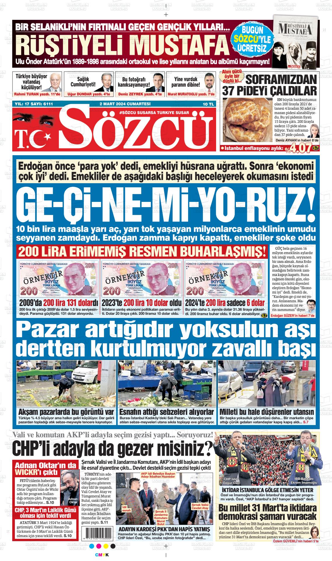 02 Mart 2024 Sözcü Gazete Manşeti