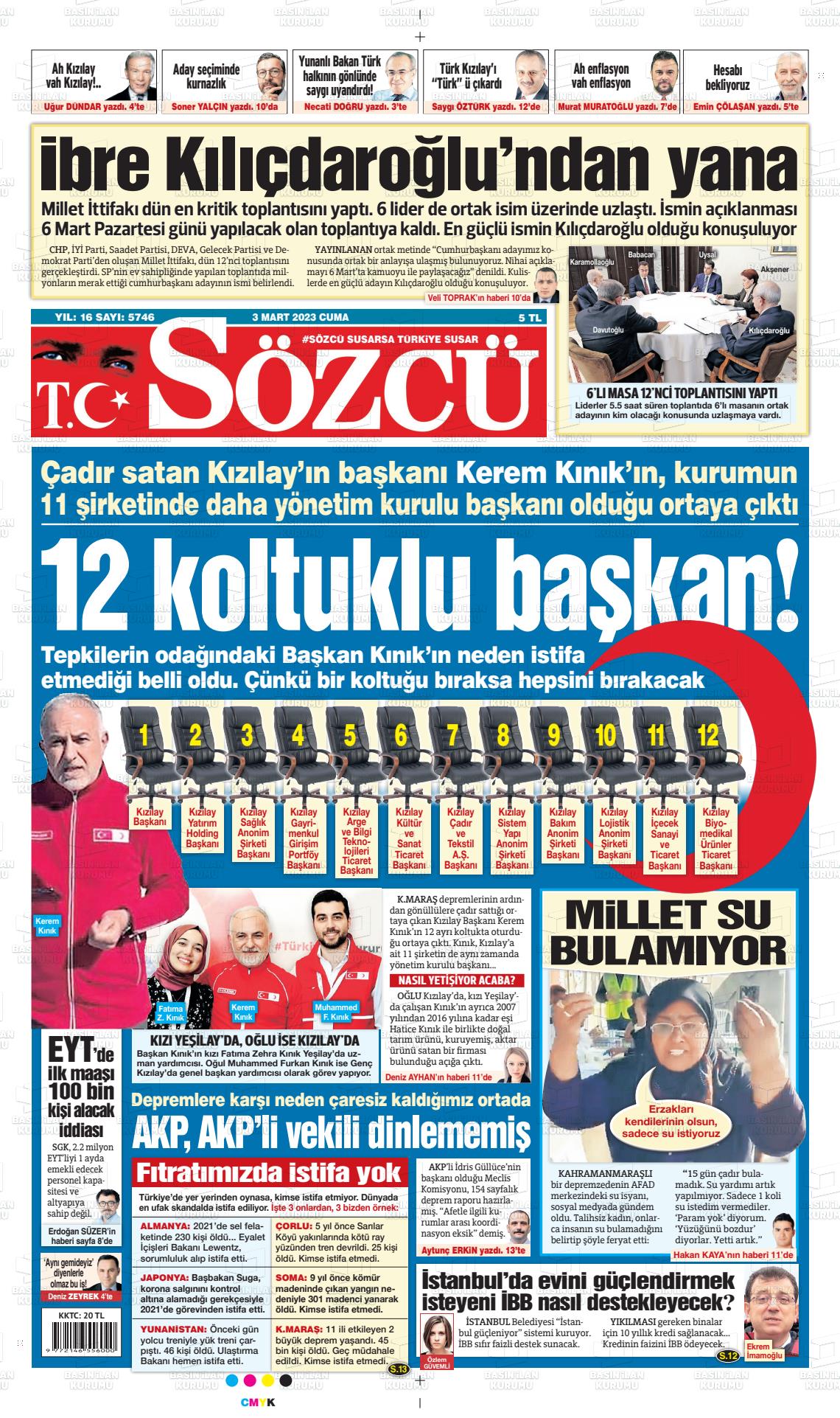 03 Mart 2023 Sözcü Gazete Manşeti