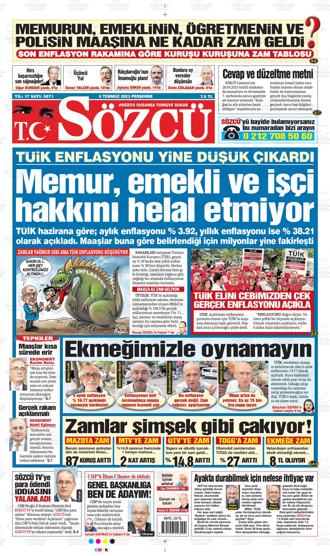 06 Temmuz 2023 Sözcü Gazete Manşeti