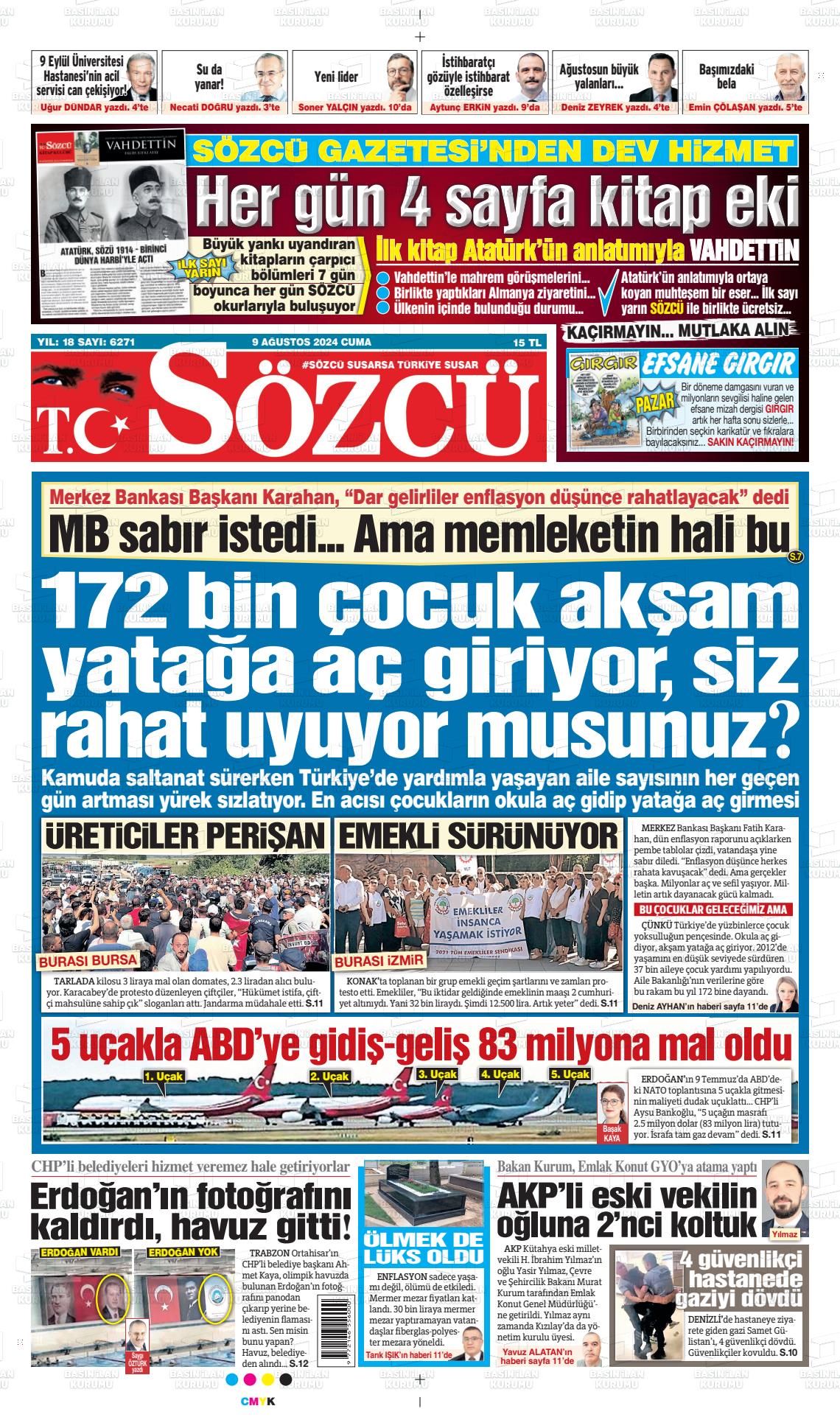 09 Ağustos 2024 Sözcü Gazete Manşeti