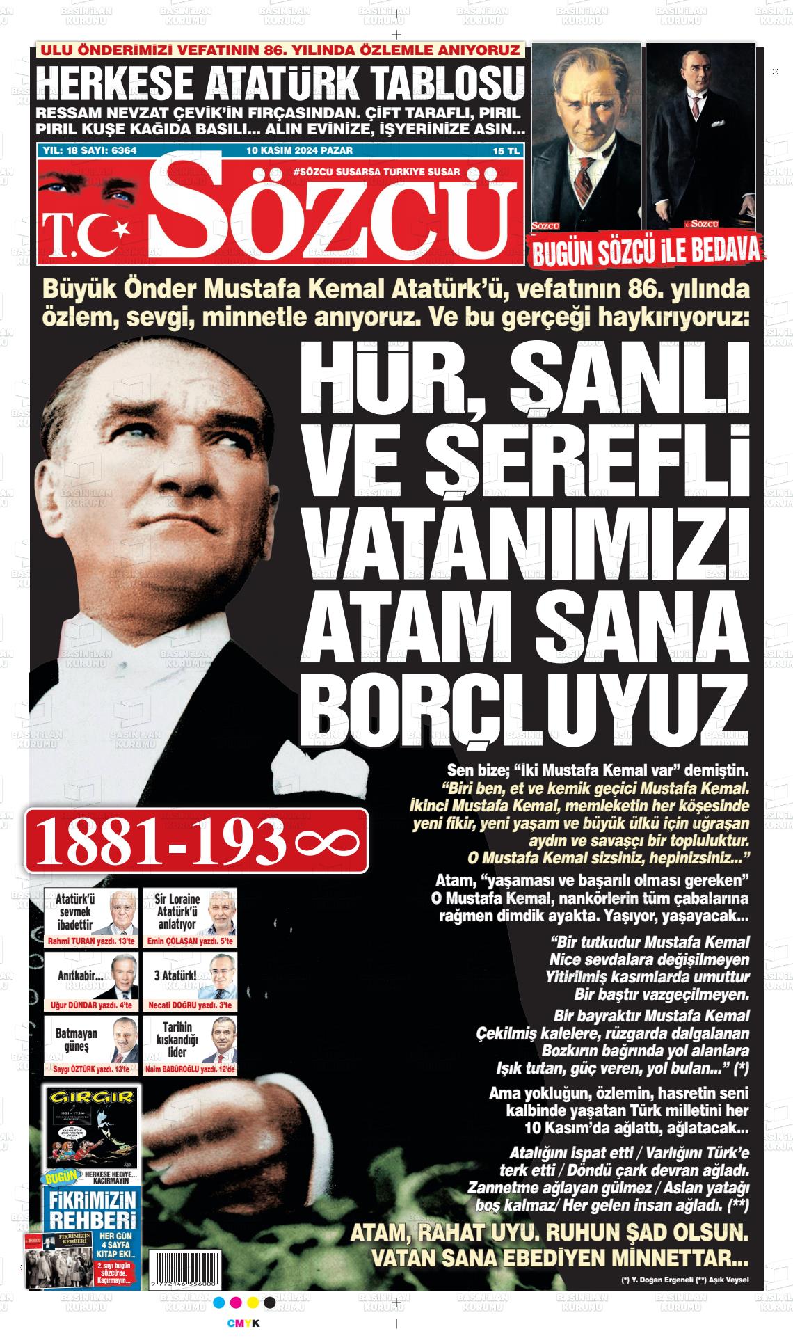 10 Kasım 2024 Sözcü Gazete Manşeti