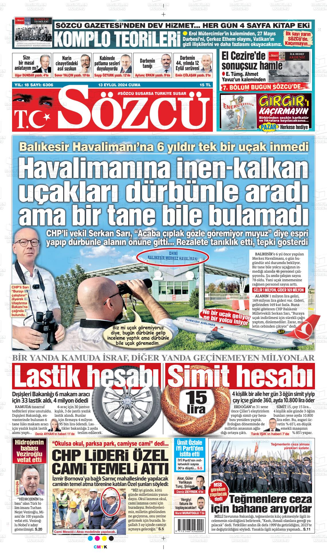 13 Eylül 2024 Sözcü Gazete Manşeti