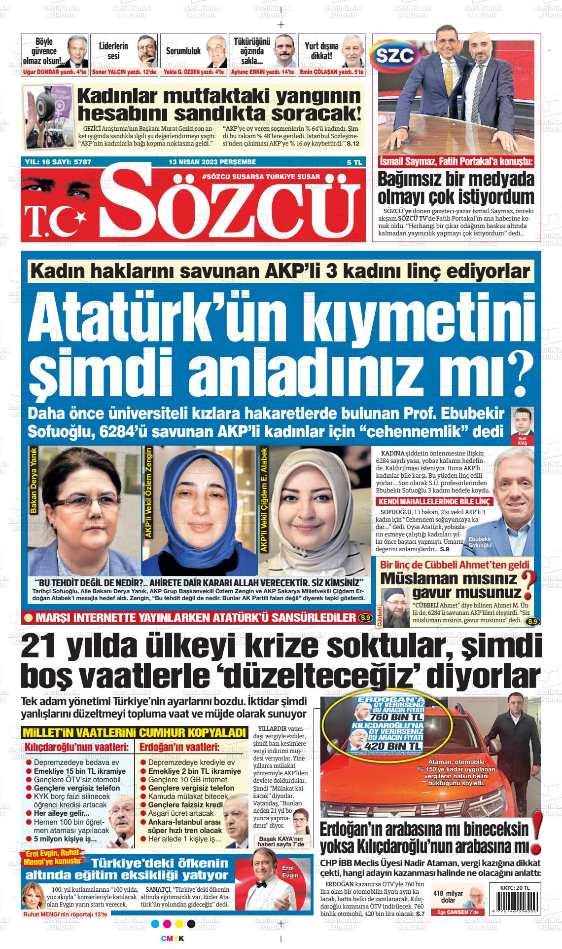 13 Nisan 2023 Sözcü Gazete Manşeti