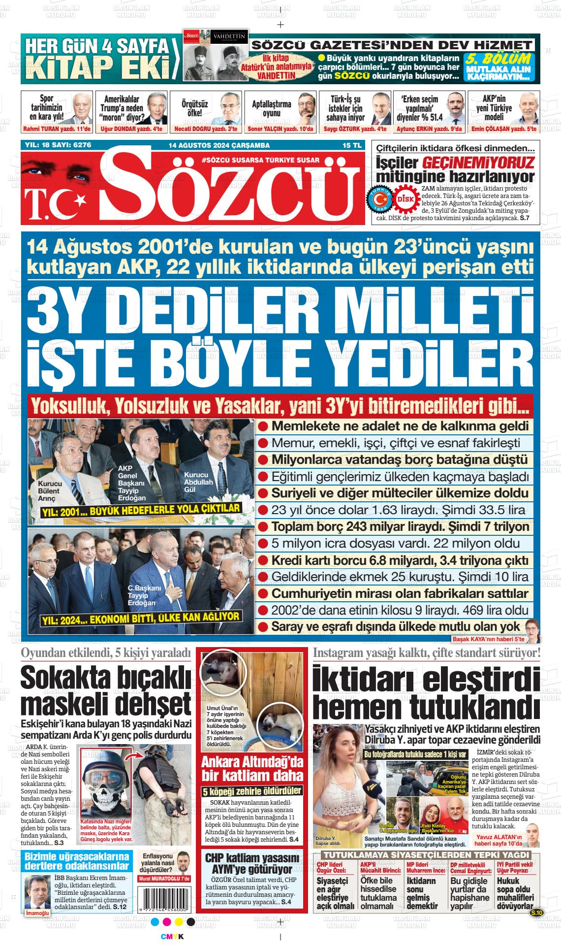 14 Ağustos 2024 Sözcü Gazete Manşeti