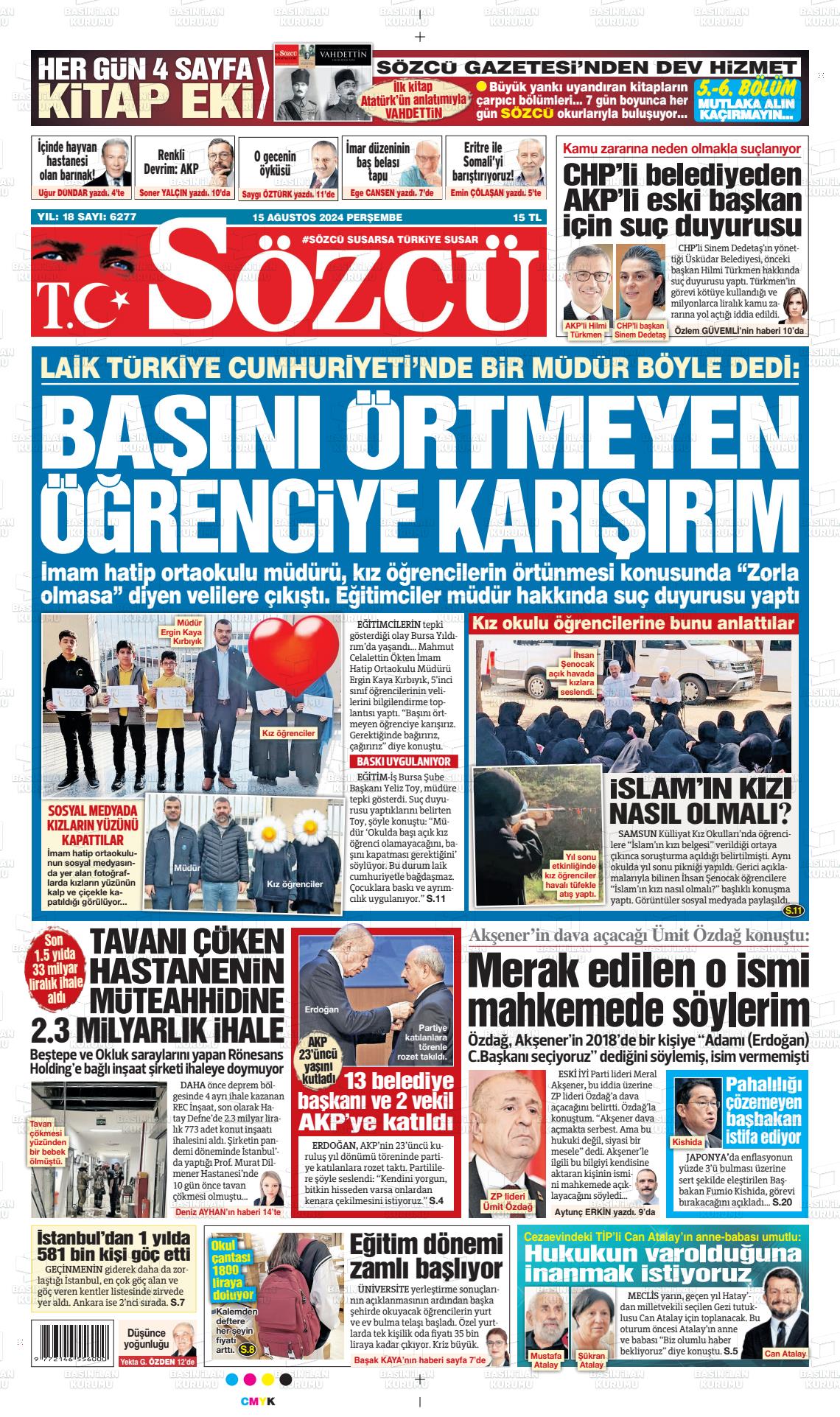 15 Ağustos 2024 Sözcü Gazete Manşeti