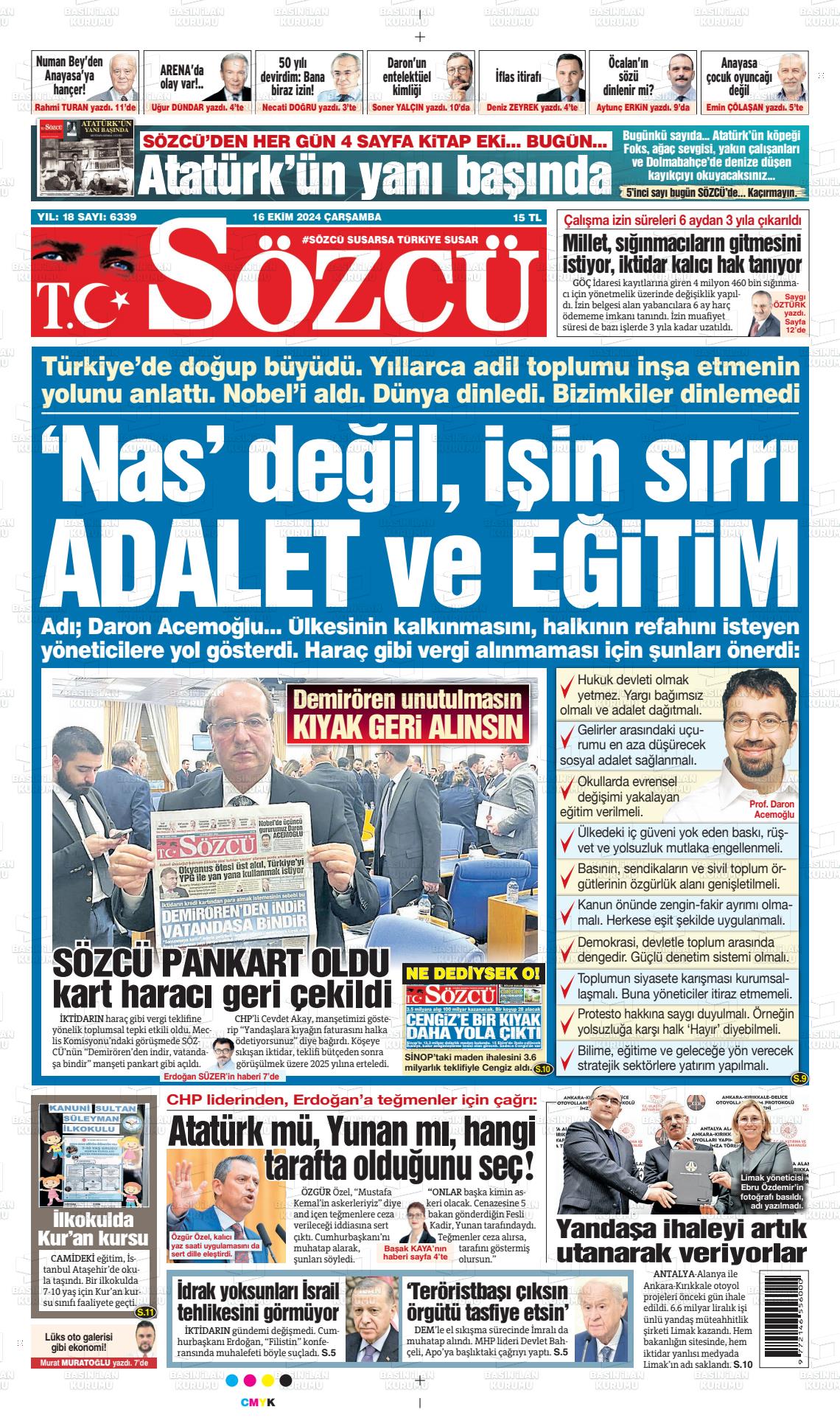 16 Ekim 2024 Sözcü Gazete Manşeti