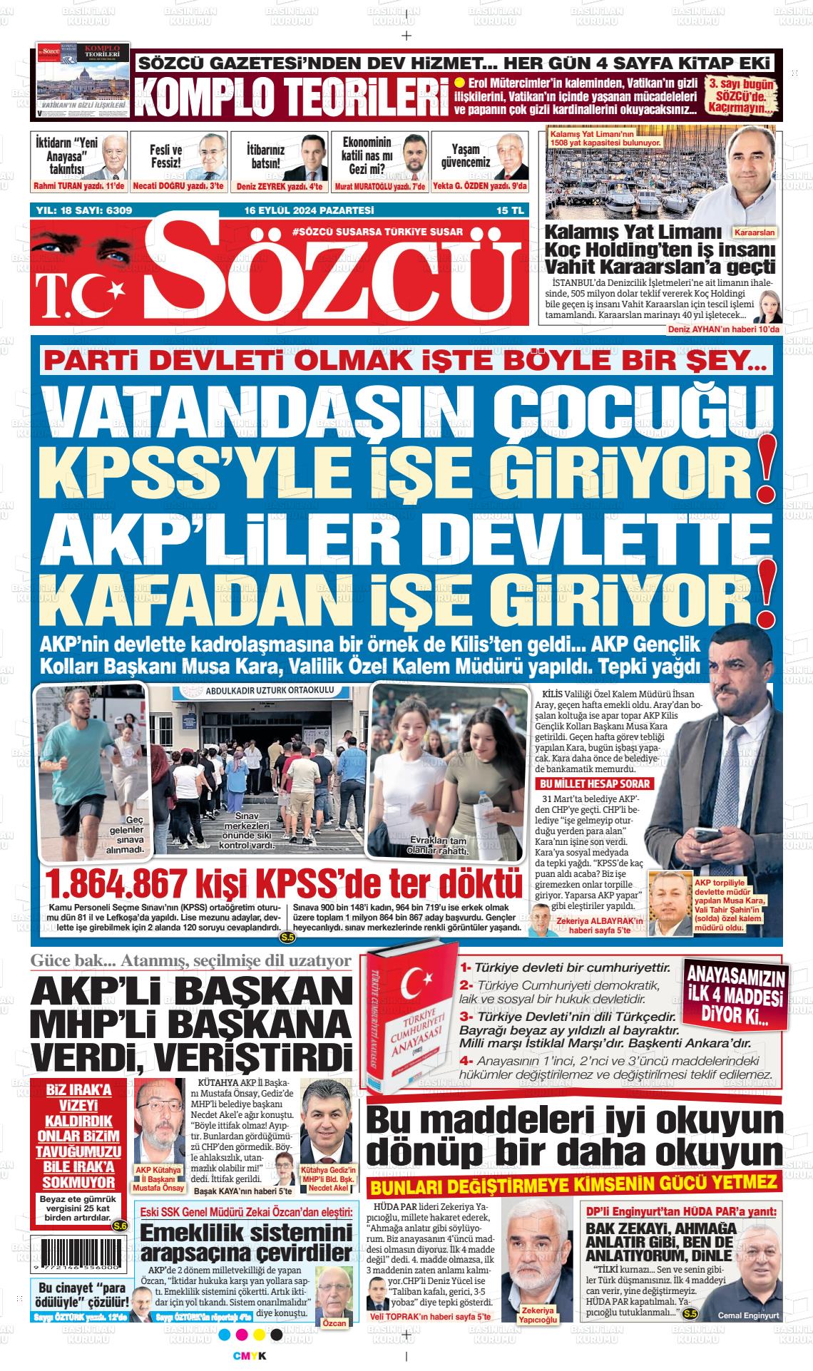 16 Eylül 2024 Sözcü Gazete Manşeti