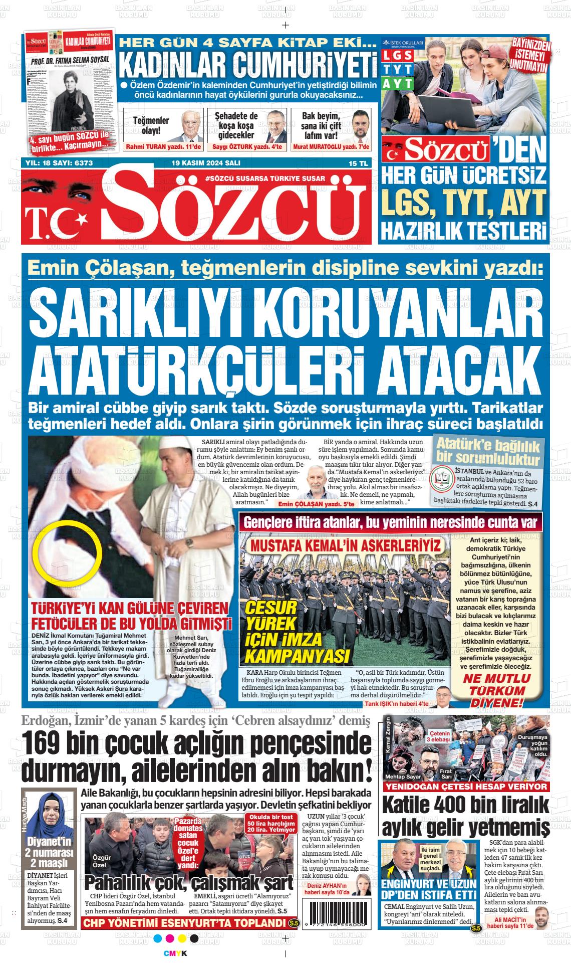 19 Kasım 2024 Sözcü Gazete Manşeti