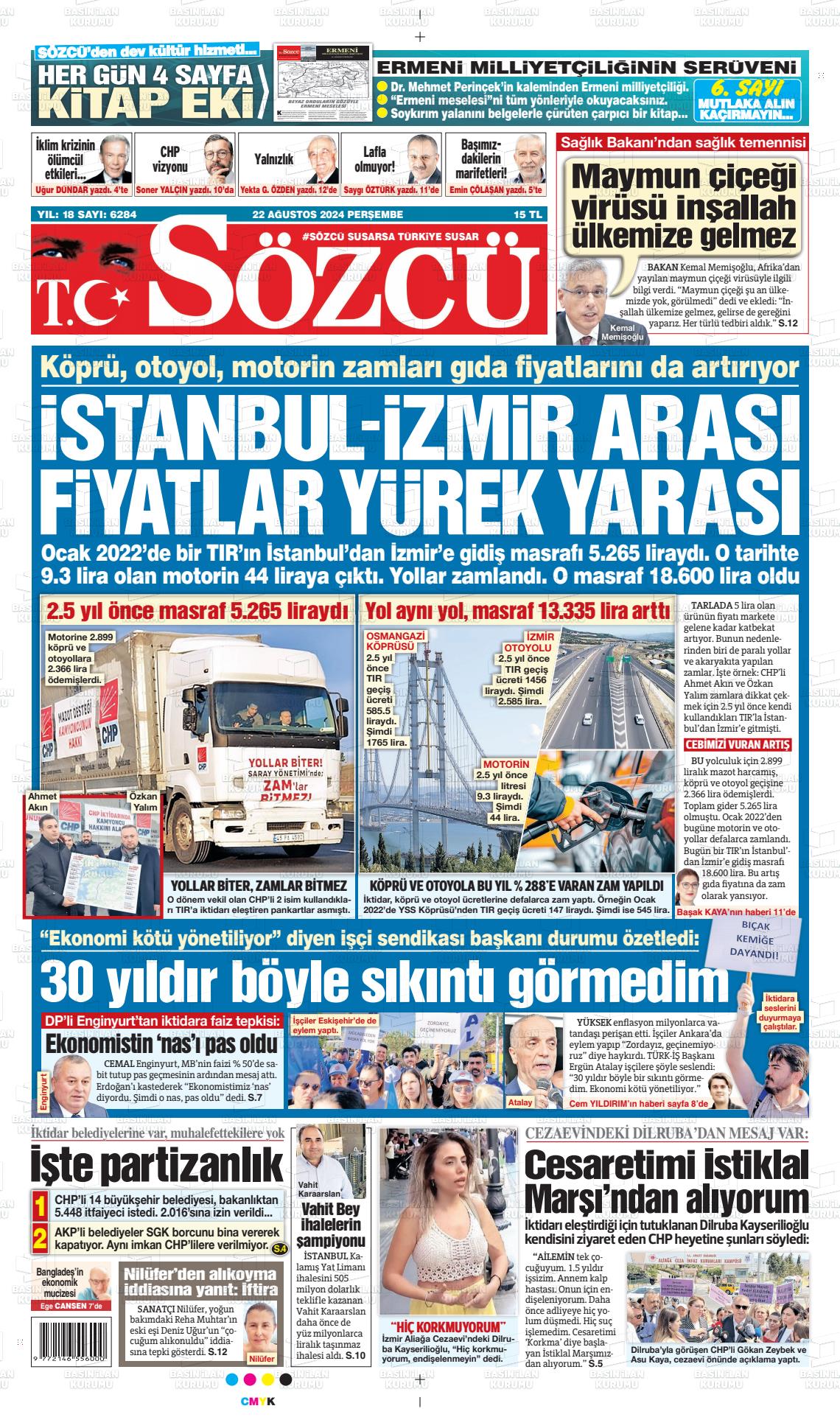 22 Ağustos 2024 Sözcü Gazete Manşeti