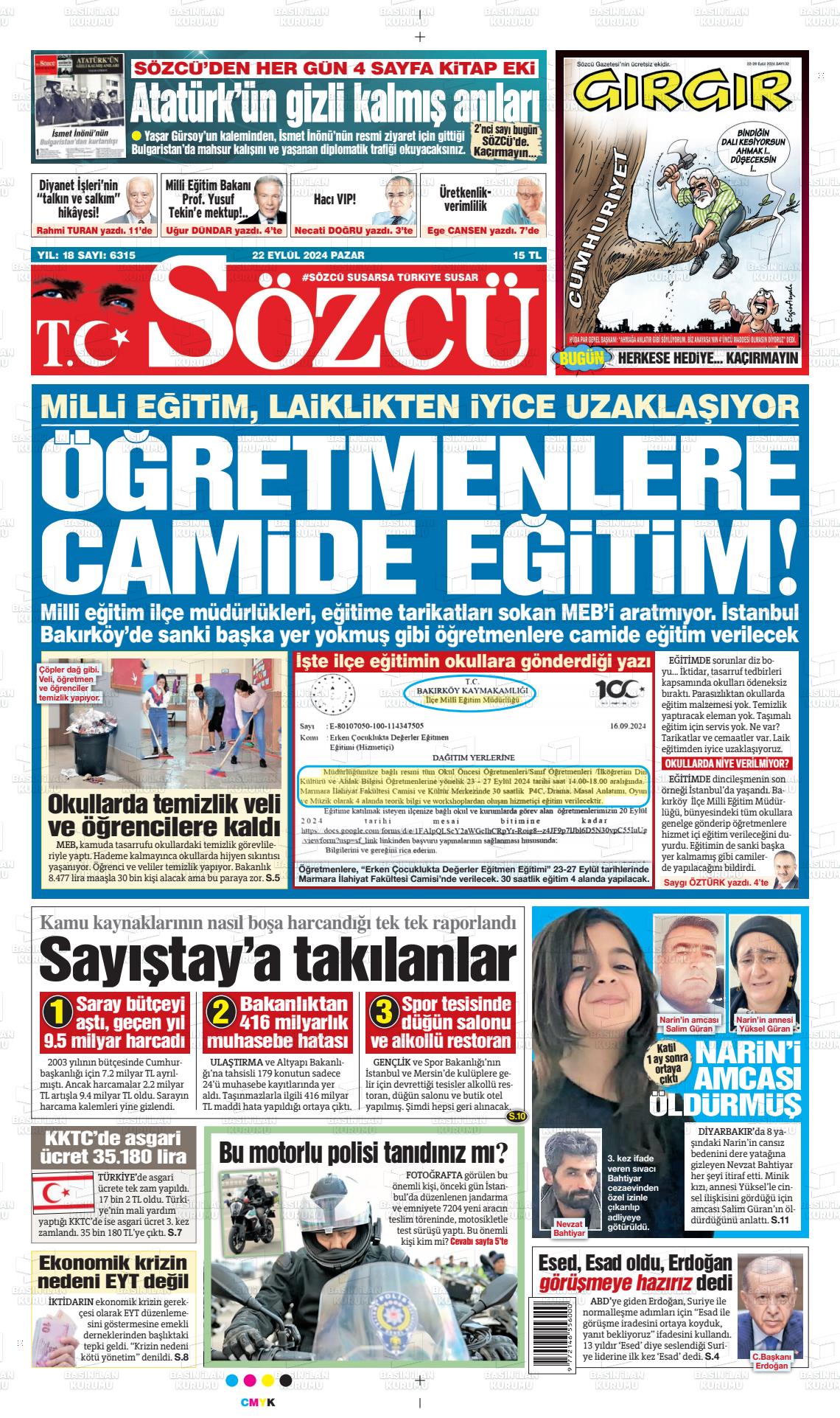 22 Eylül 2024 Sözcü Gazete Manşeti