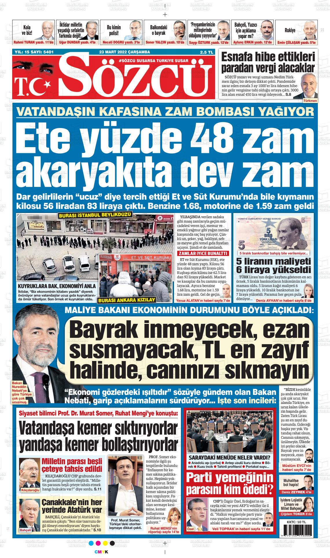 23 Mart 2022 Sözcü Gazete Manşeti