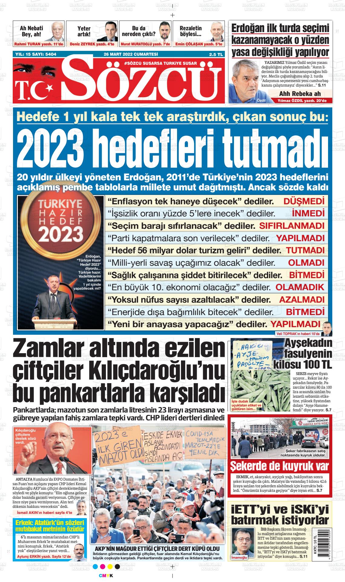 26 Mart 2022 Sözcü Gazete Manşeti