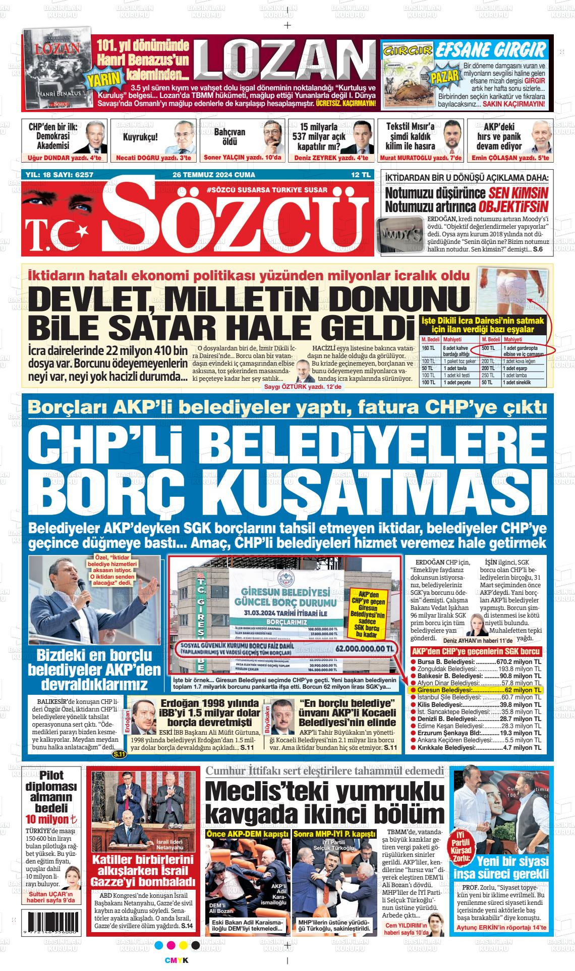 26 Temmuz 2024 Sözcü Gazete Manşeti