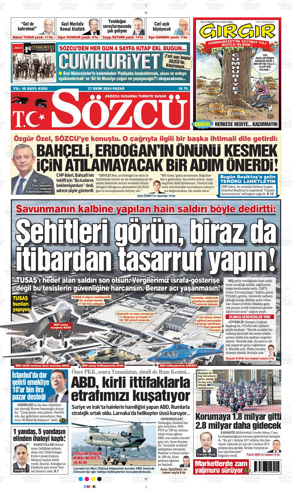 27 Ekim 2024 Sözcü Gazete Manşeti