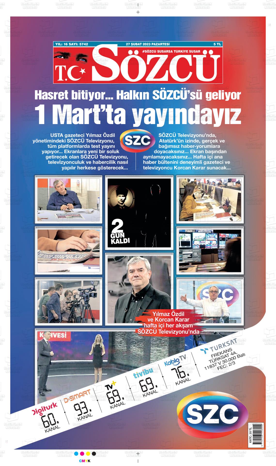 27 Şubat 2023 Sözcü Gazete Manşeti