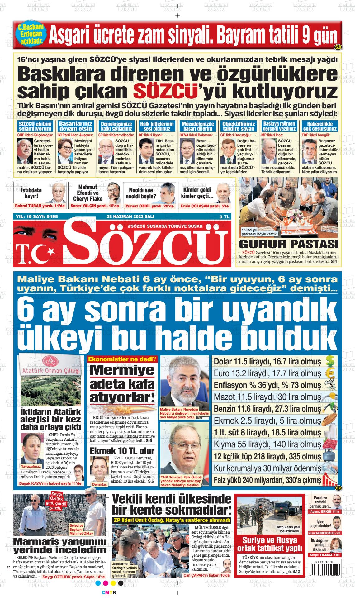 28 Haziran 2022 Sözcü Gazete Manşeti