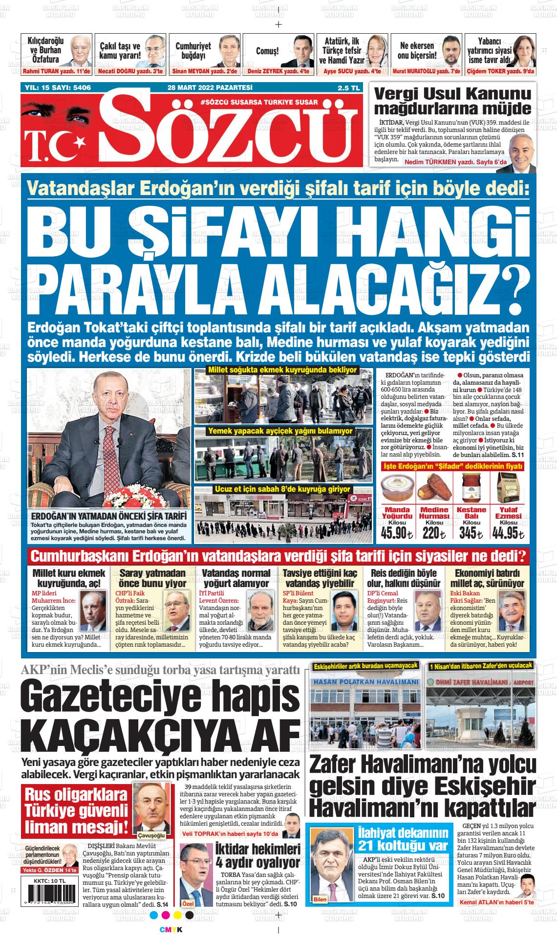 28 Mart 2022 Sözcü Gazete Manşeti