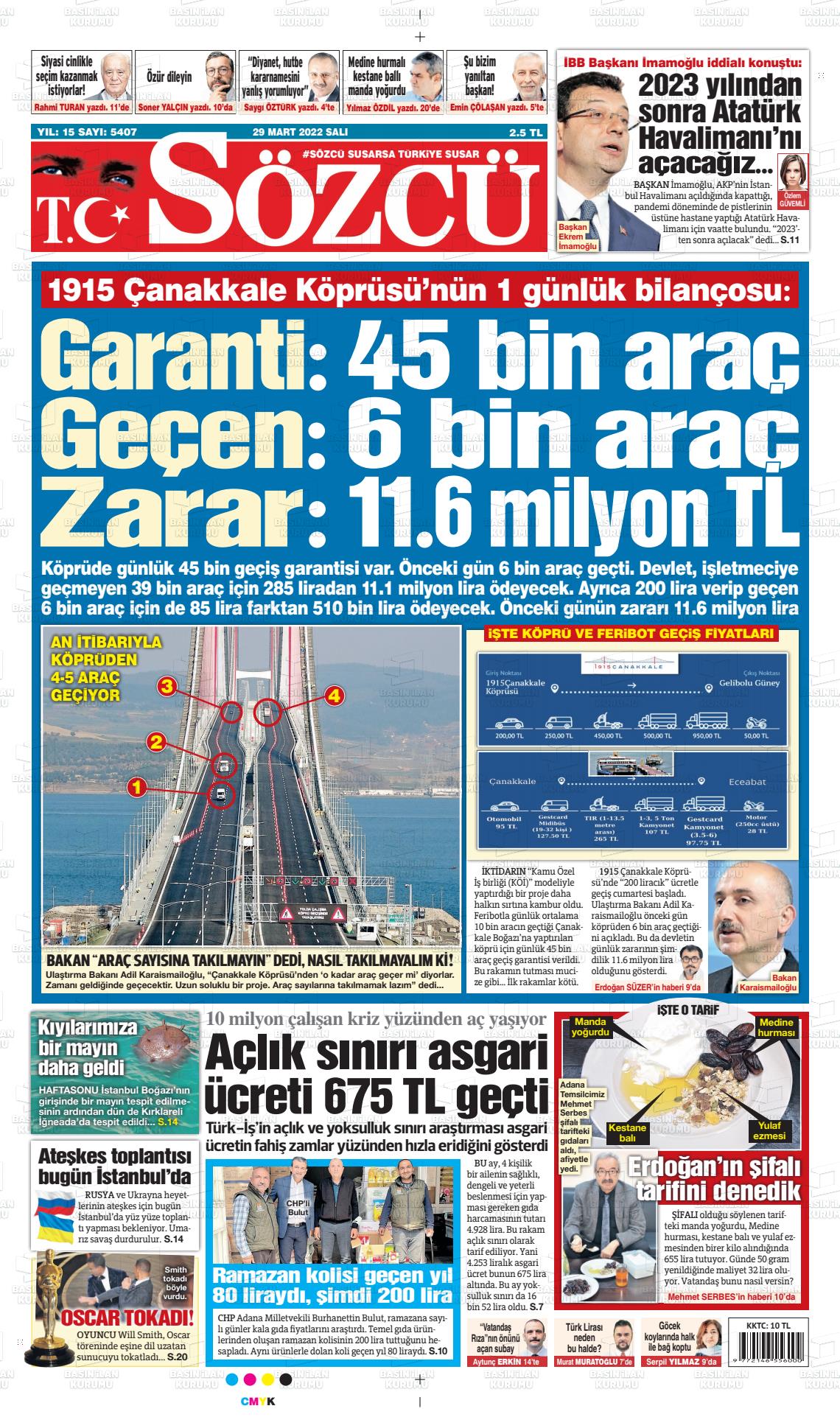 29 Mart 2022 Sözcü Gazete Manşeti