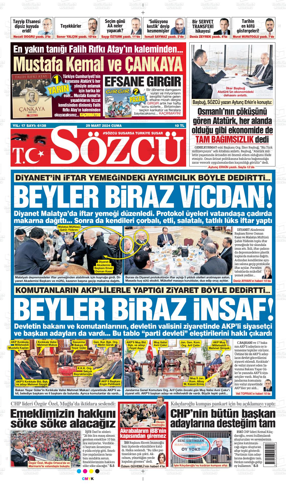 29 Mart 2024 Sözcü Gazete Manşeti