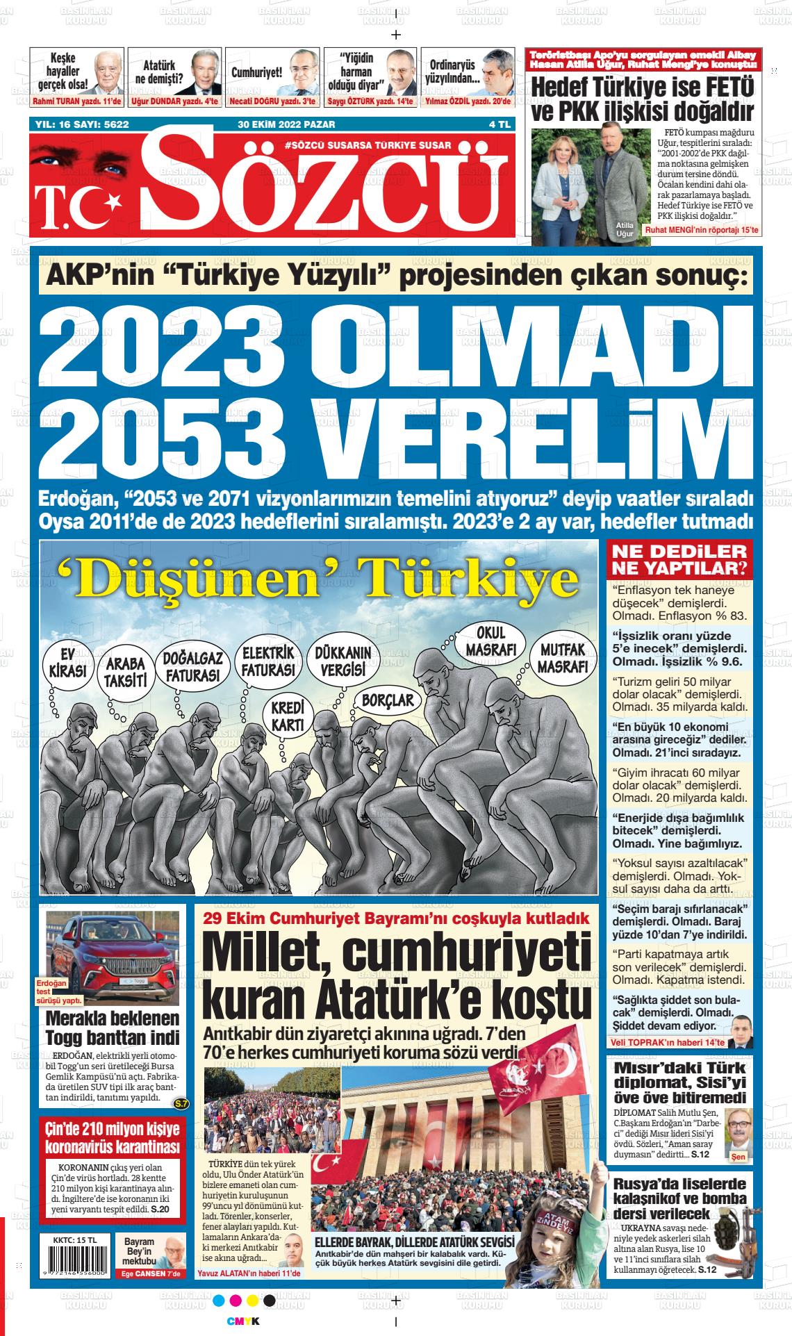 30 Ekim 2022 Sözcü Gazete Manşeti