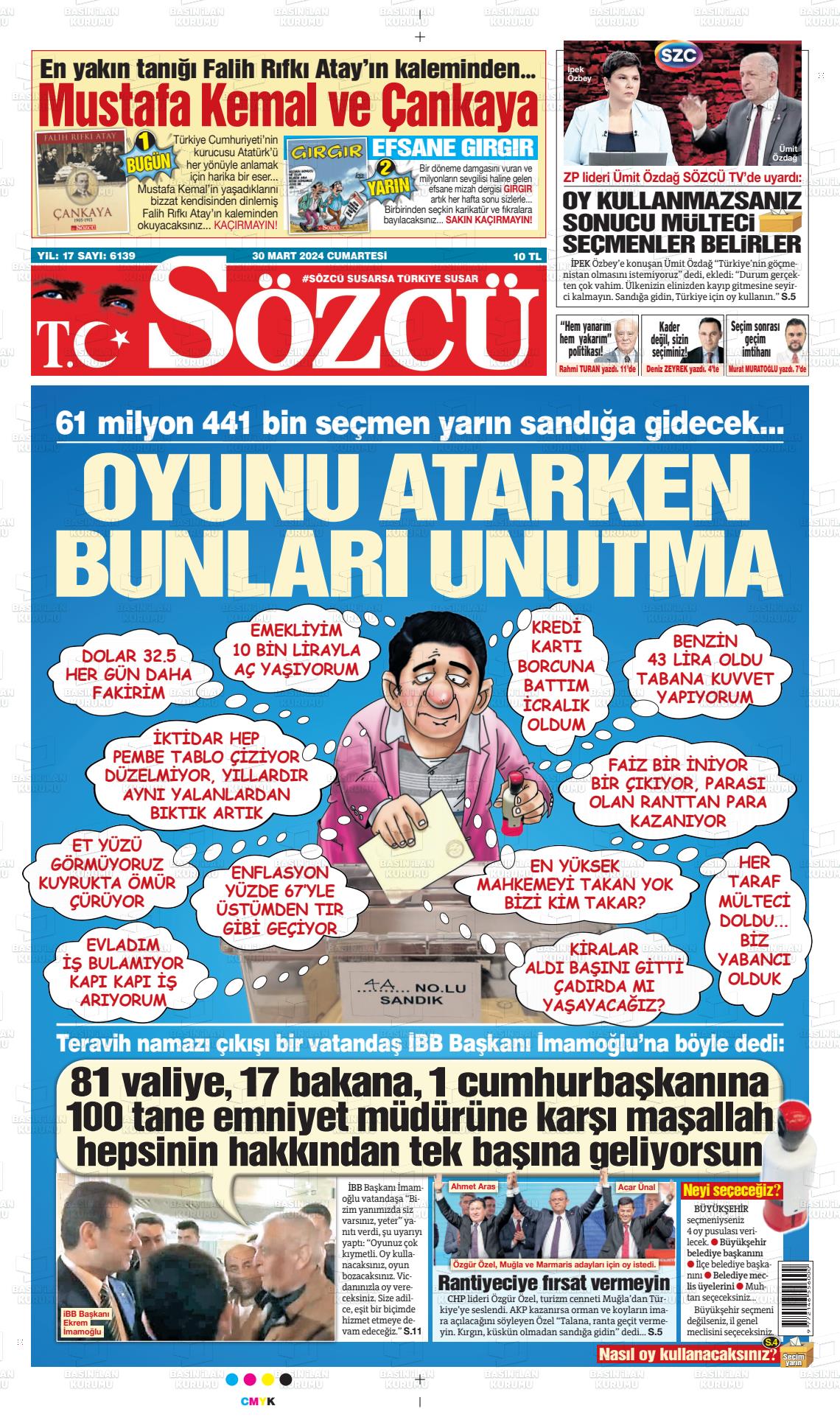 30 Mart 2024 Sözcü Gazete Manşeti