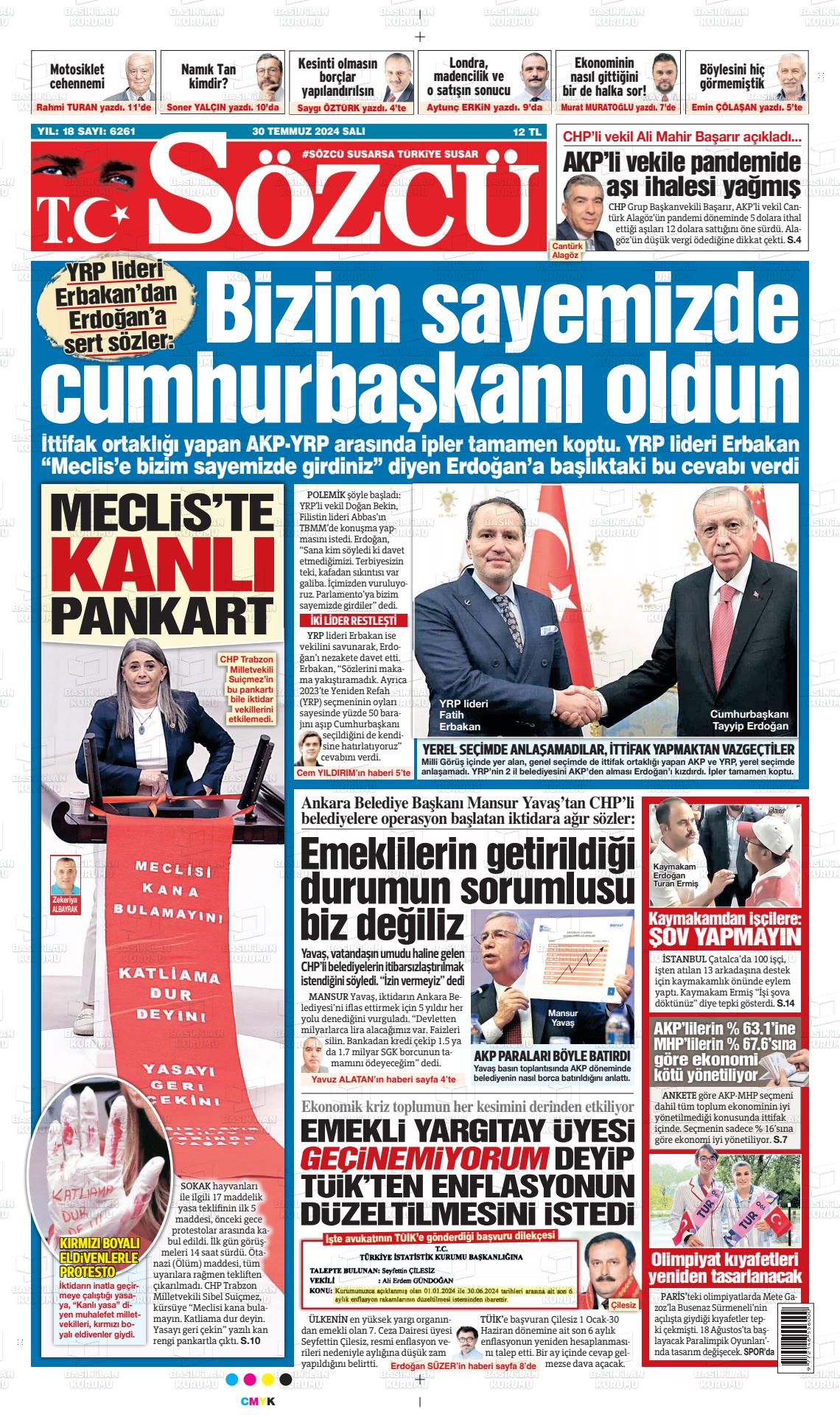 30 Temmuz 2024 Sözcü Gazete Manşeti