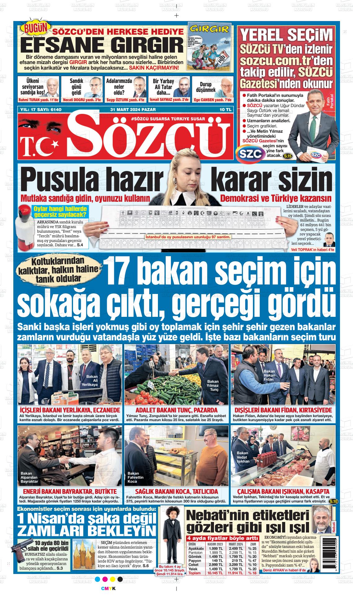 31 Mart 2024 Sözcü Gazete Manşeti