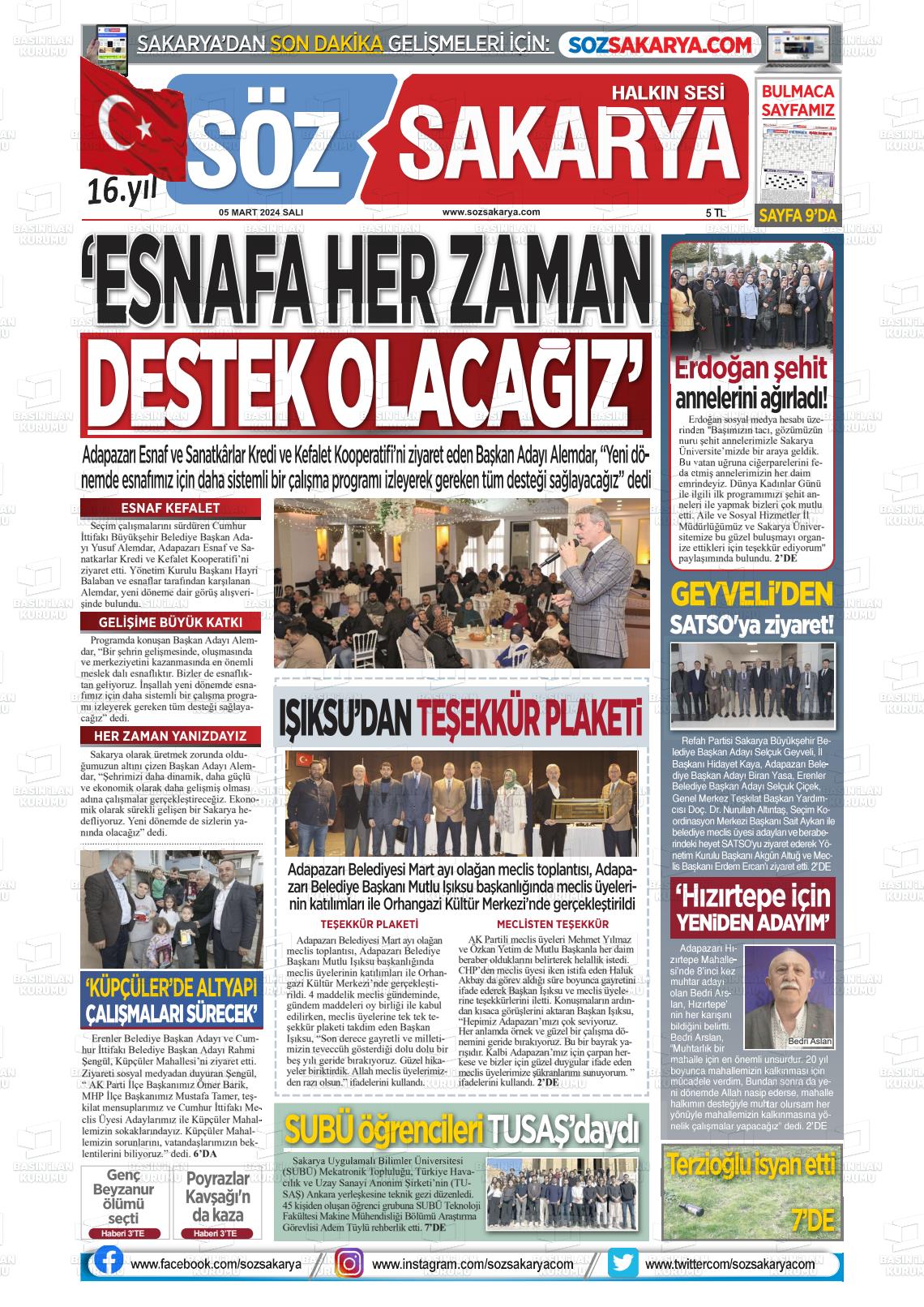 07 Mart 2024 Söz Sakarya Gazete Manşeti