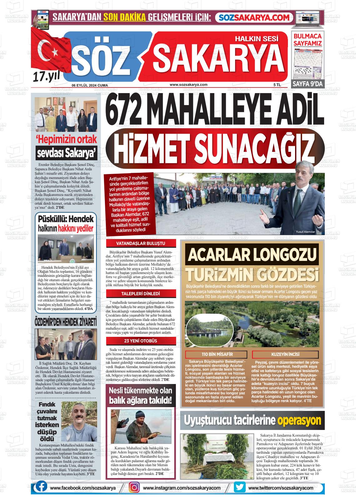 06 Eylül 2024 Söz Sakarya Gazete Manşeti