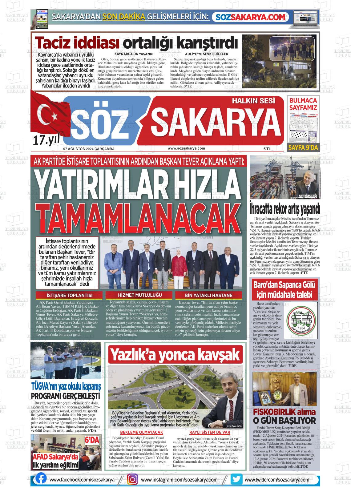 07 Ağustos 2024 Söz Sakarya Gazete Manşeti