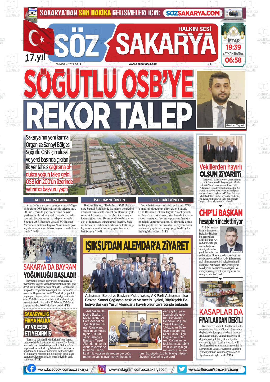 09 Nisan 2024 Söz Sakarya Gazete Manşeti