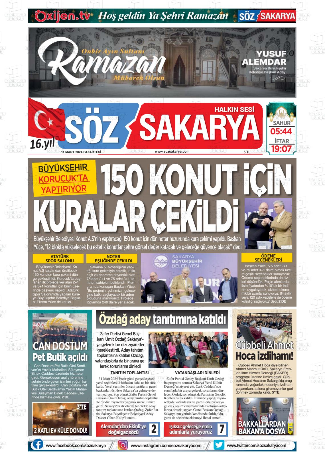 11 Mart 2024 Söz Sakarya Gazete Manşeti