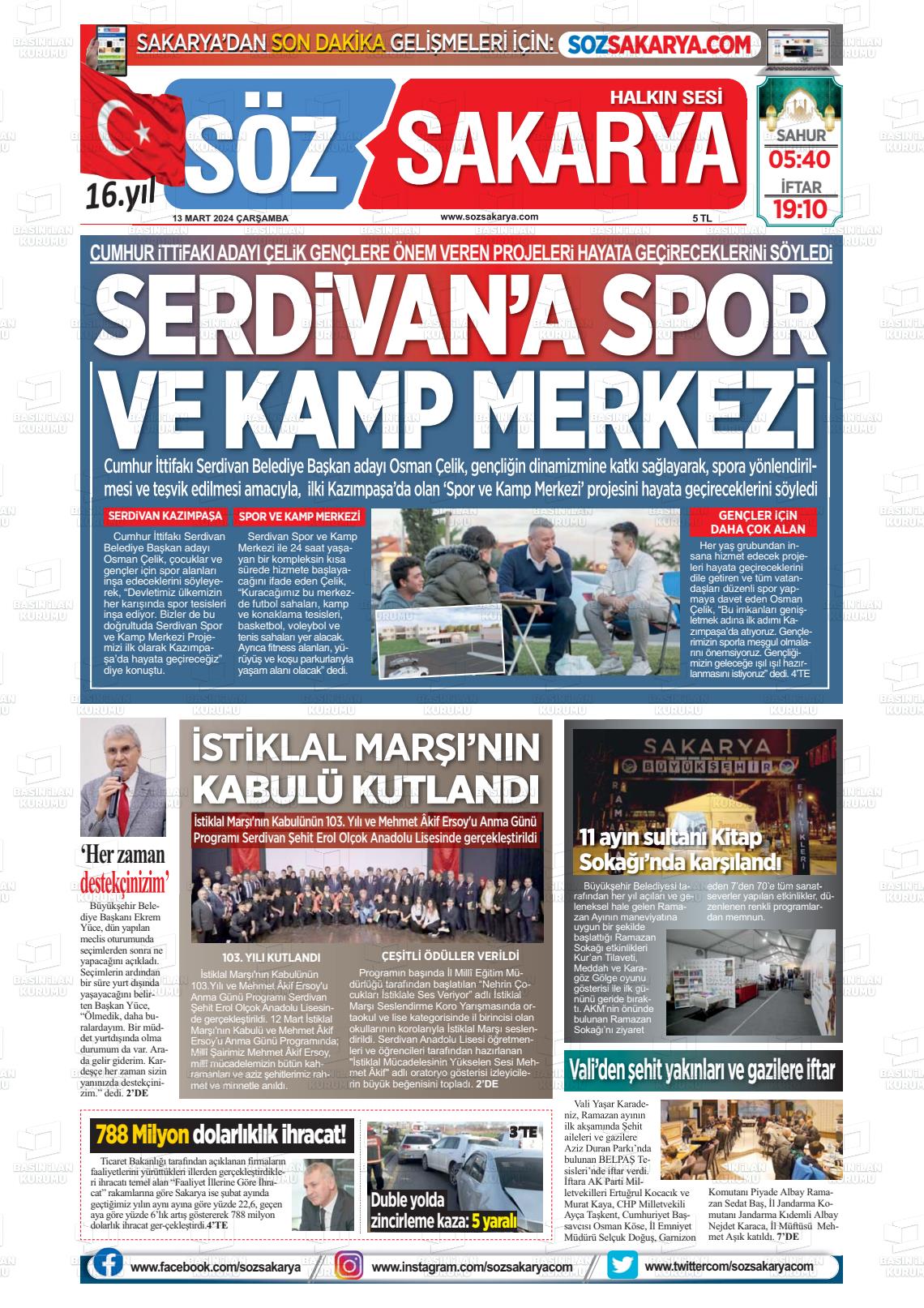 13 Mart 2024 Söz Sakarya Gazete Manşeti