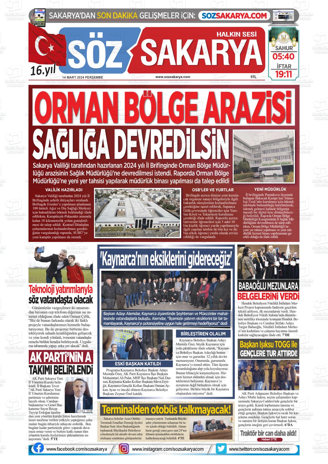 14 Mart 2024 Söz Sakarya Gazete Manşeti