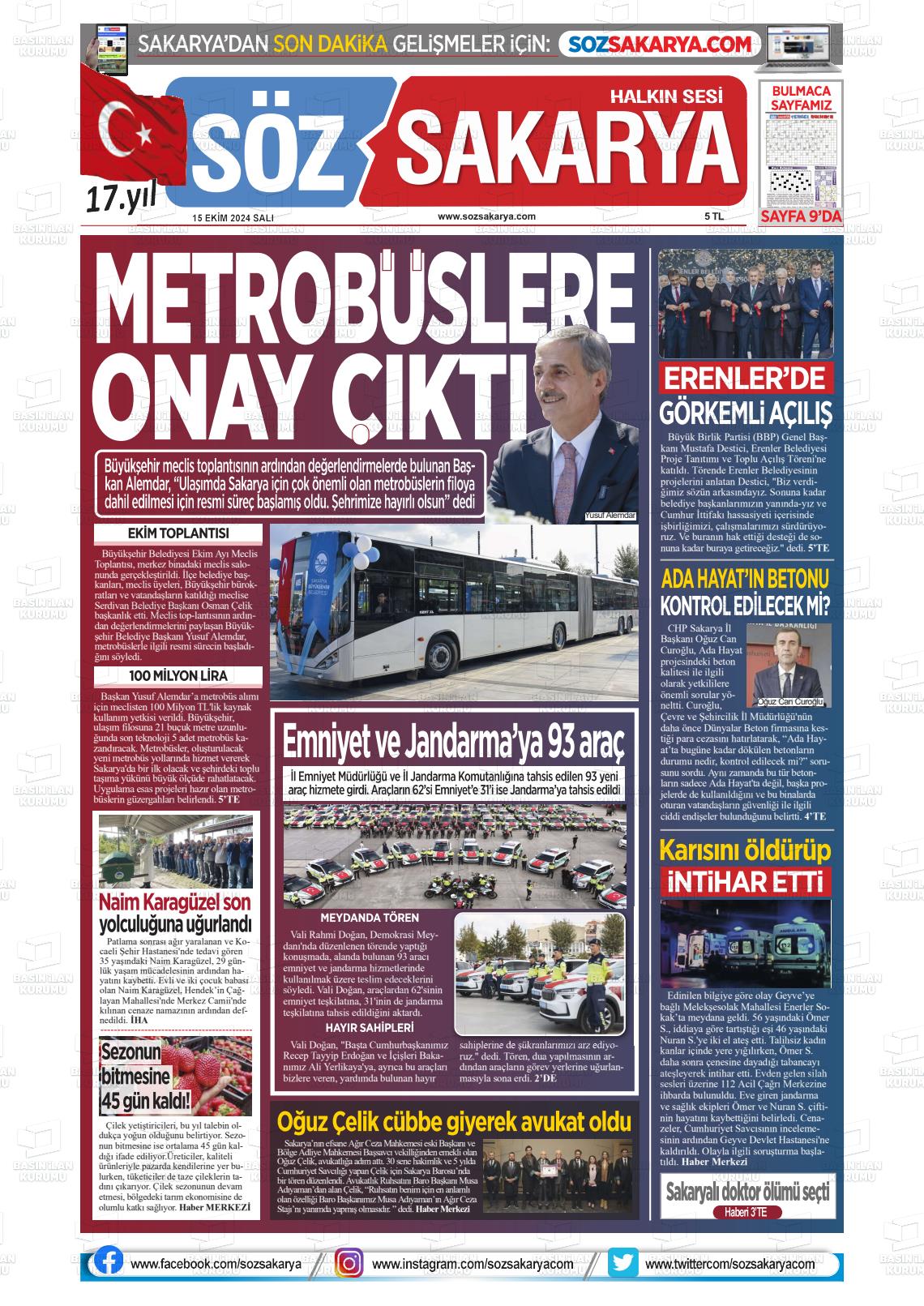 15 Ekim 2024 Söz Sakarya Gazete Manşeti