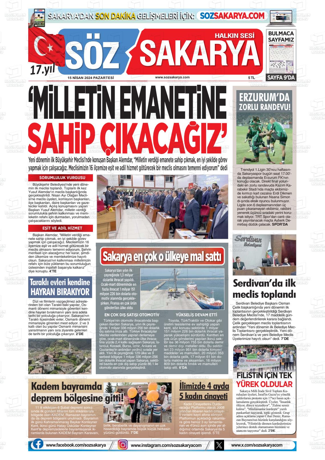 15 Nisan 2024 Söz Sakarya Gazete Manşeti