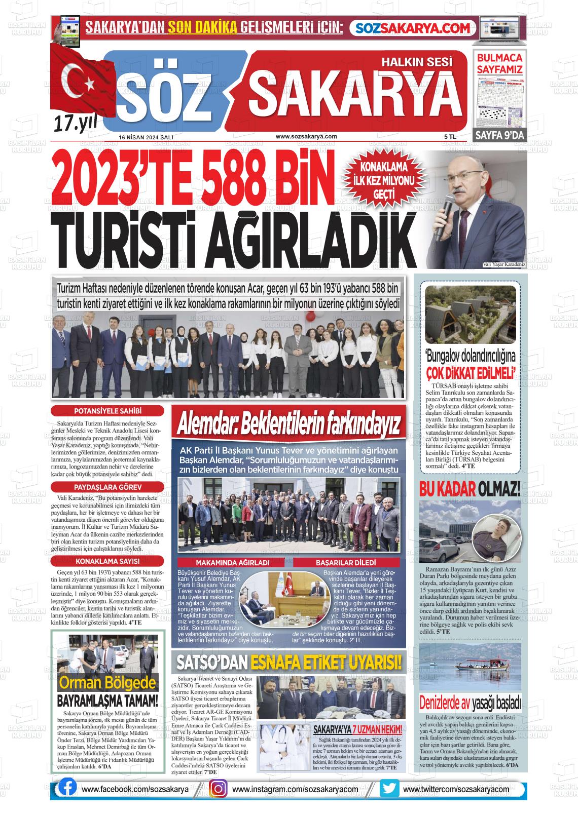 16 Nisan 2024 Söz Sakarya Gazete Manşeti