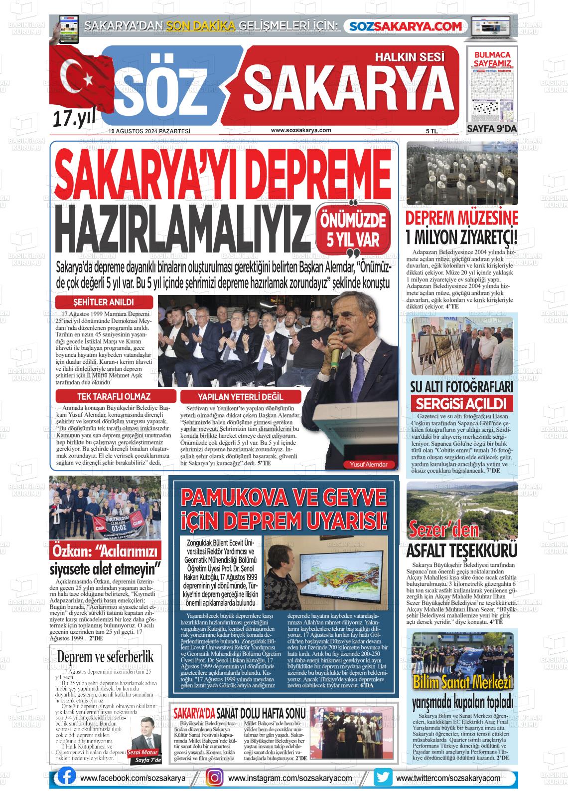 19 Ağustos 2024 Söz Sakarya Gazete Manşeti