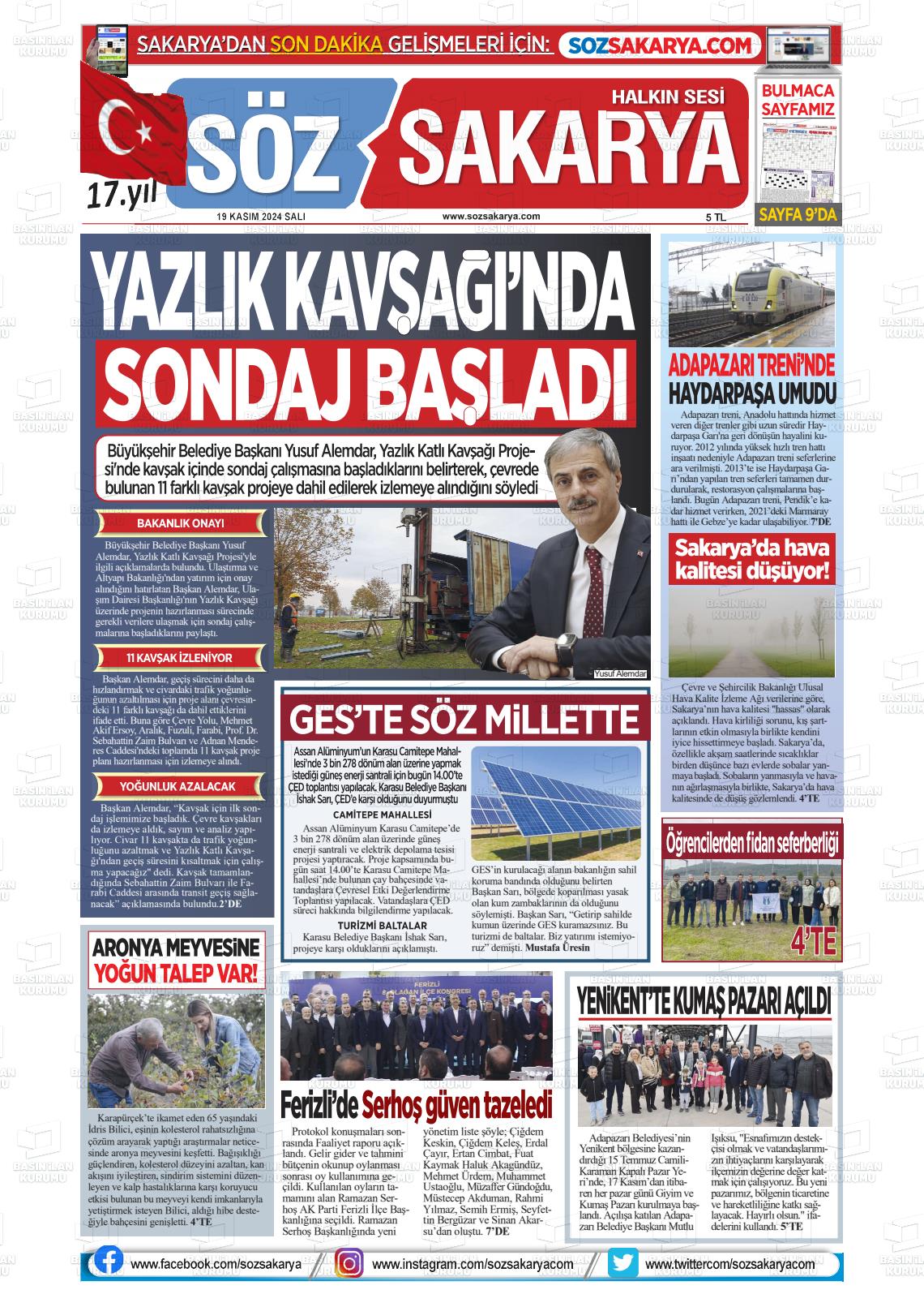 19 Kasım 2024 Söz Sakarya Gazete Manşeti