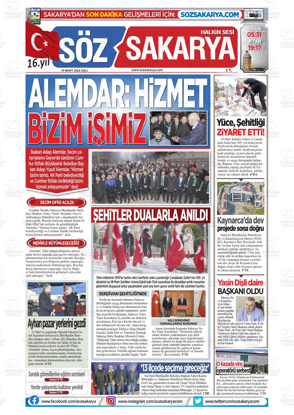 19 Mart 2024 Söz Sakarya Gazete Manşeti