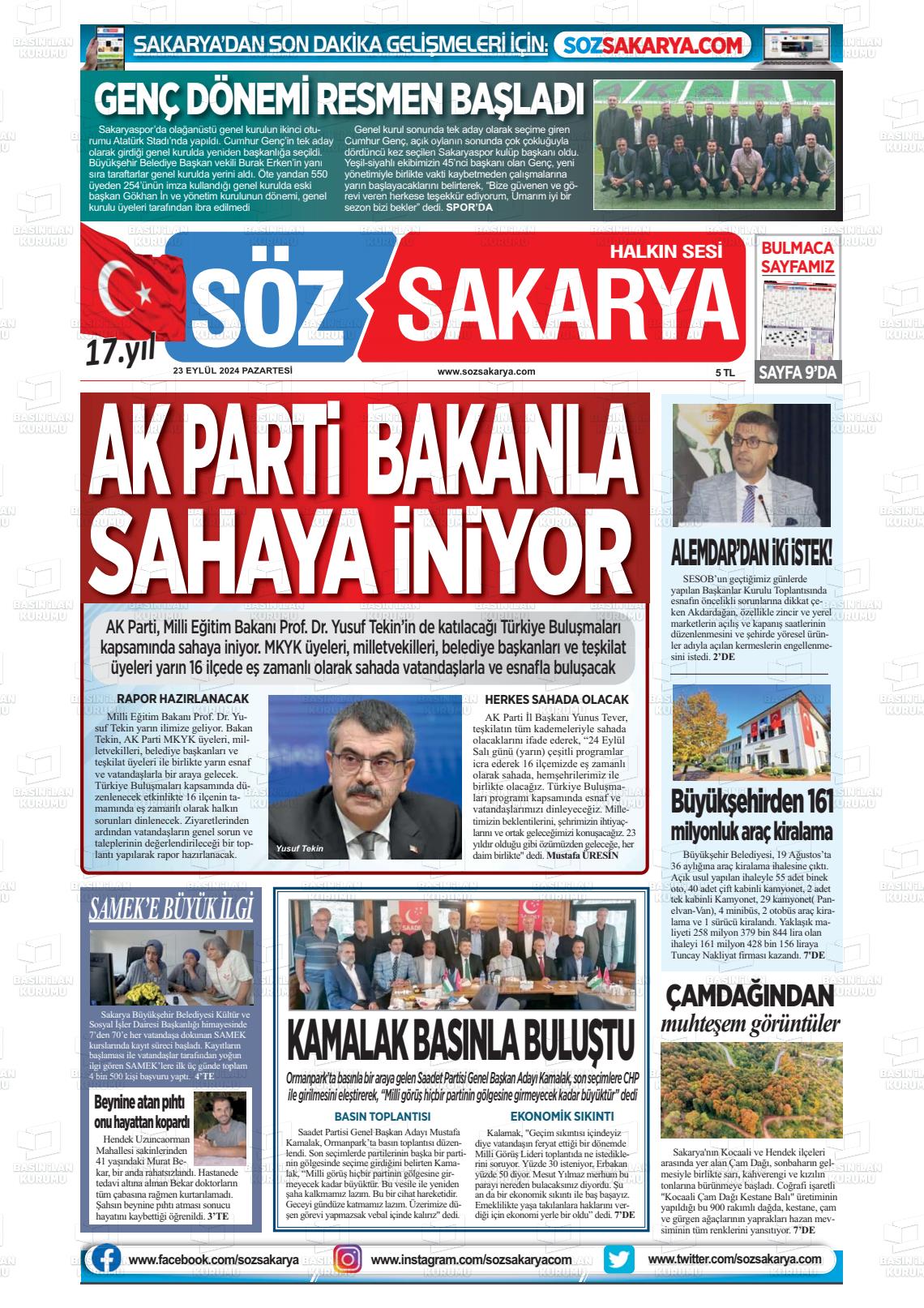 23 Eylül 2024 Söz Sakarya Gazete Manşeti