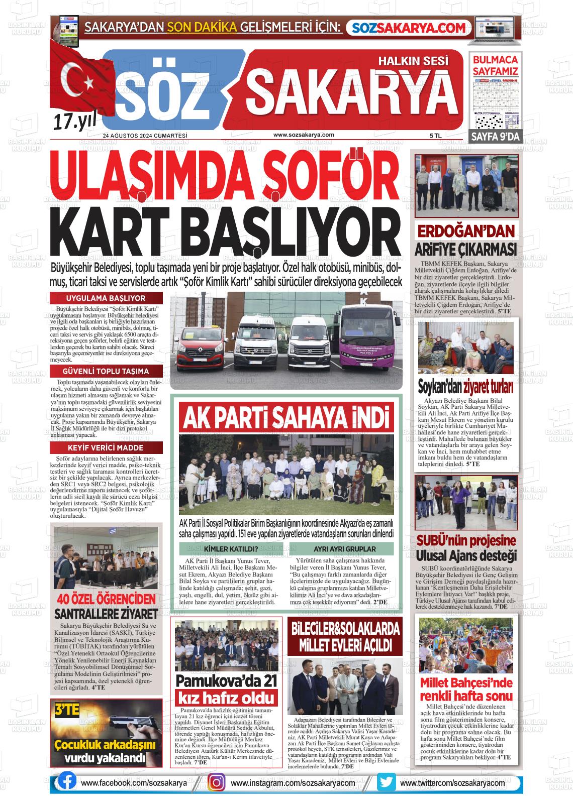 24 Ağustos 2024 Söz Sakarya Gazete Manşeti