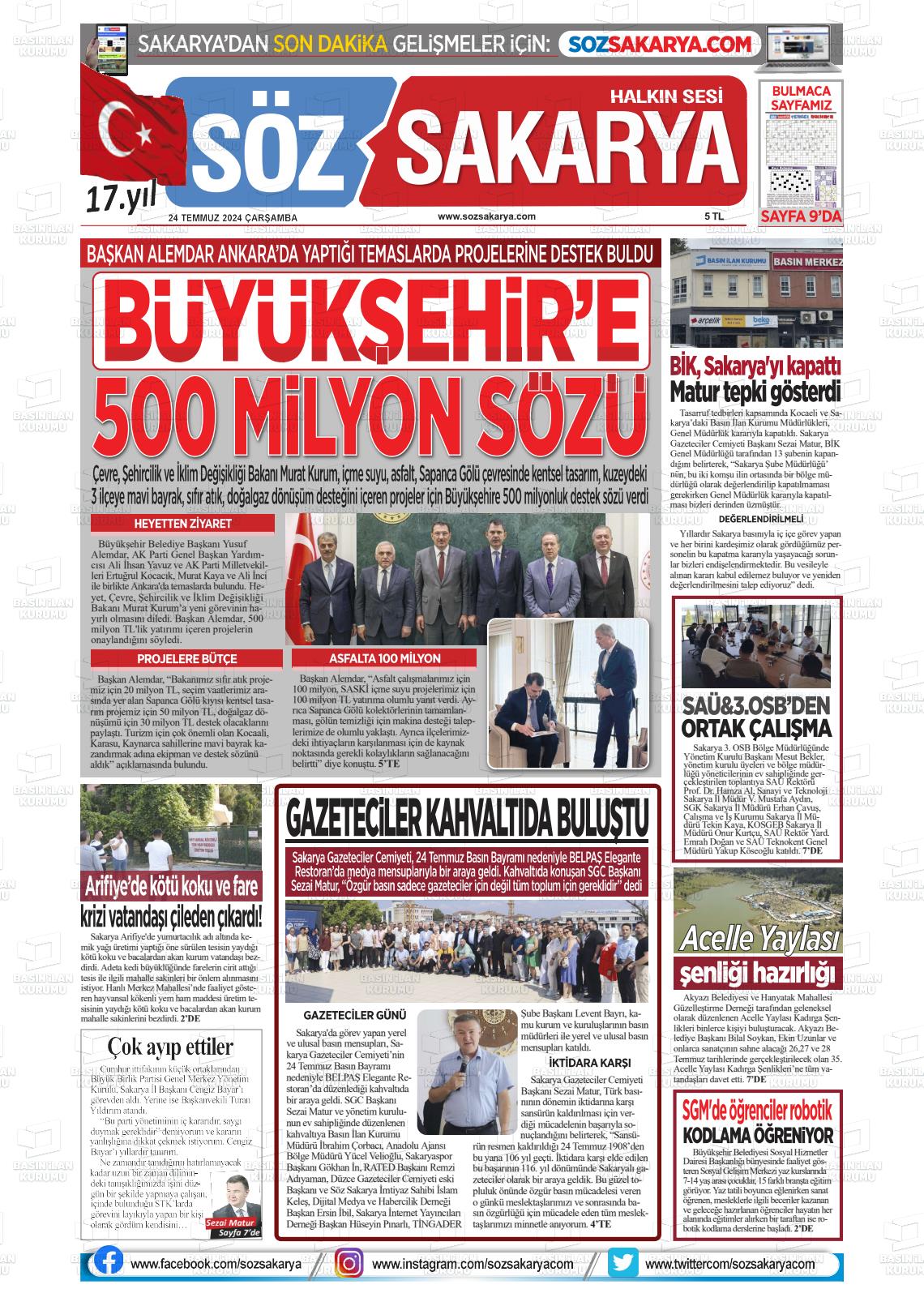 24 Temmuz 2024 Söz Sakarya Gazete Manşeti