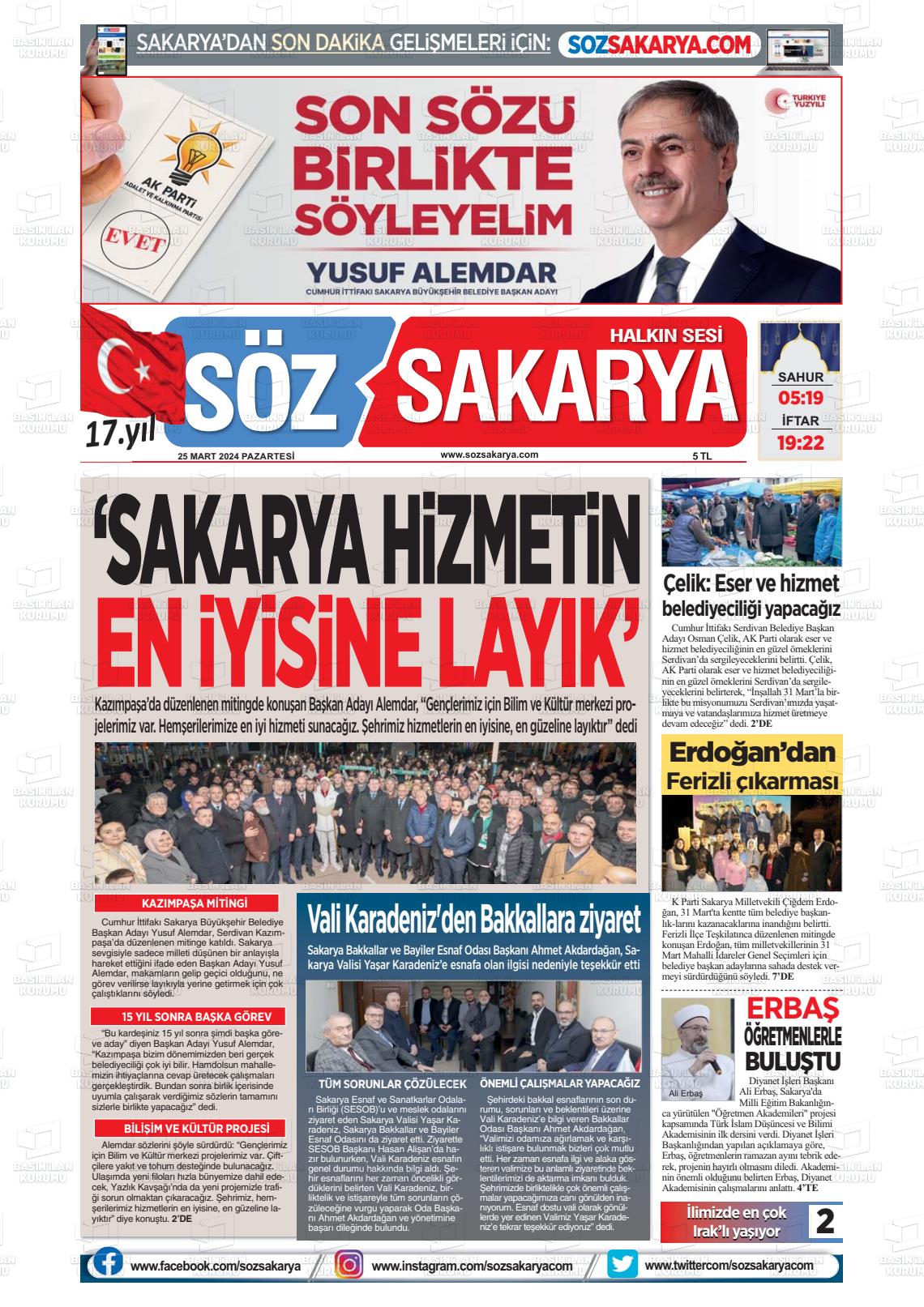 25 Mart 2024 Söz Sakarya Gazete Manşeti