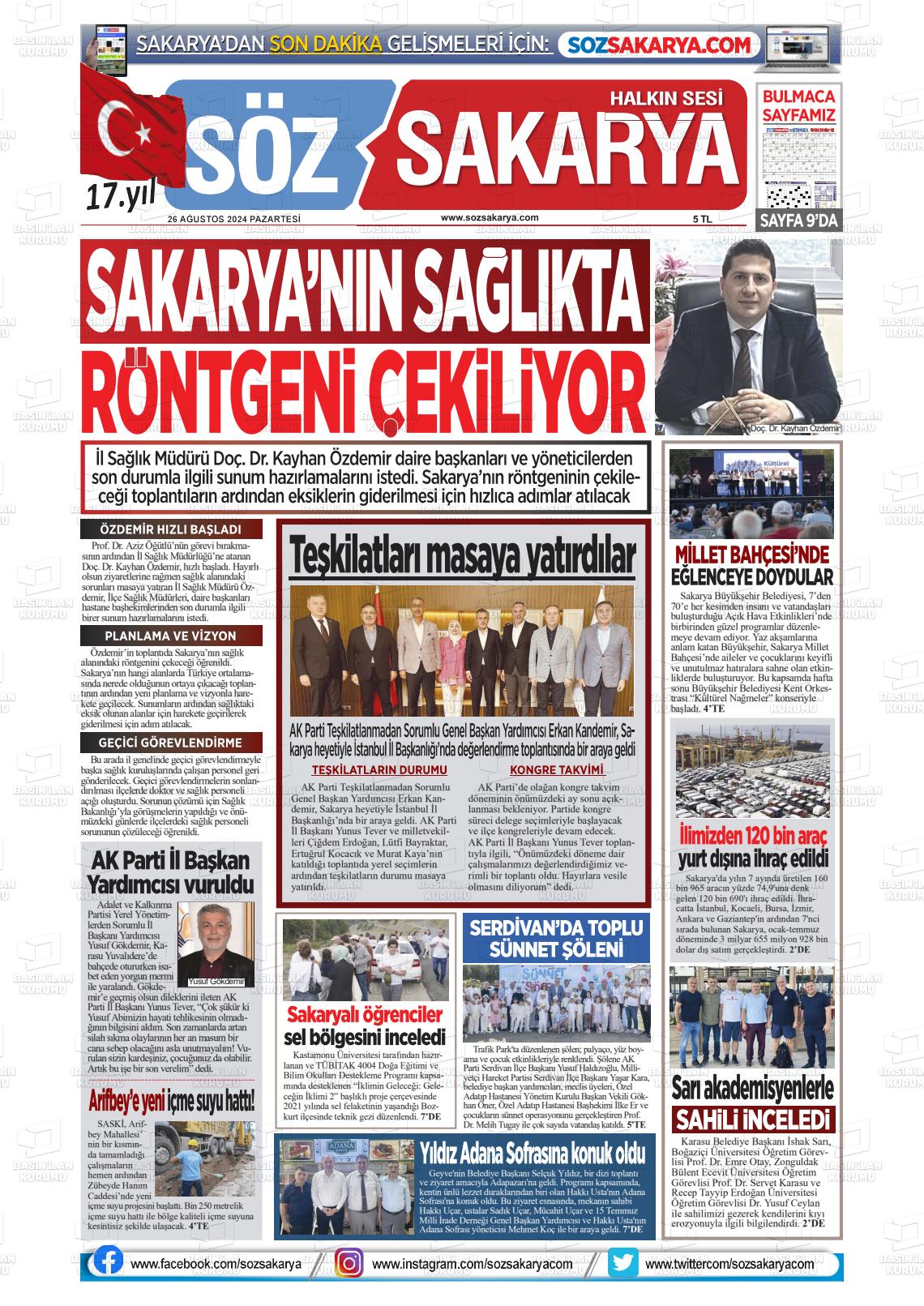 26 Ağustos 2024 Söz Sakarya Gazete Manşeti